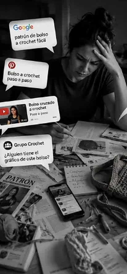 Mujer frustrada frente a papeles y capturas de pantalla de patrones incompletos.