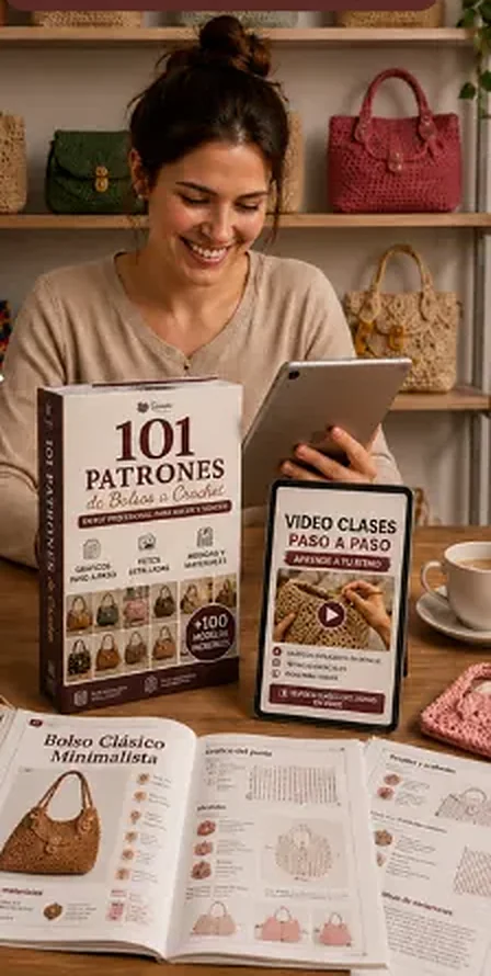 Mujer sonriendo con la colección impresa y las videoclases en la tablet.
