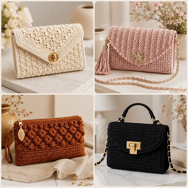 Carteras y clutches tejidos a crochet con acabado sofisticado.