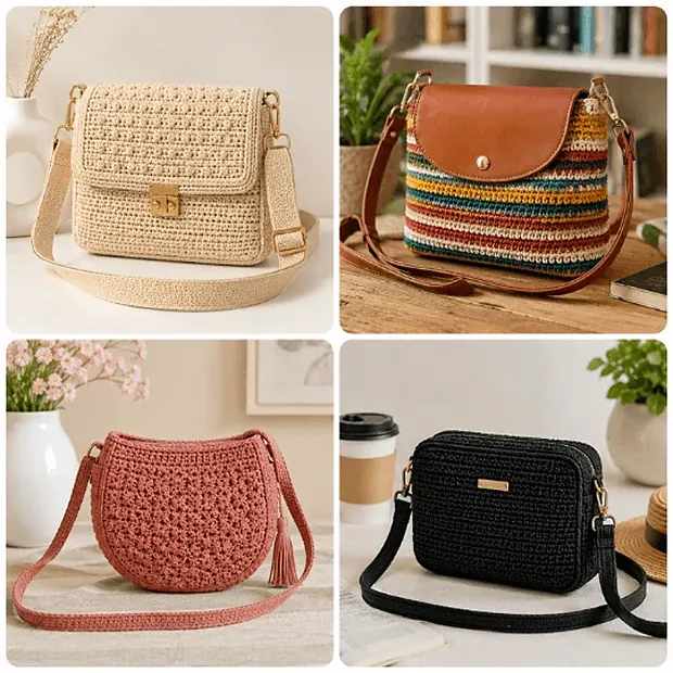 Bolsos cruzados a crochet con correa larga.