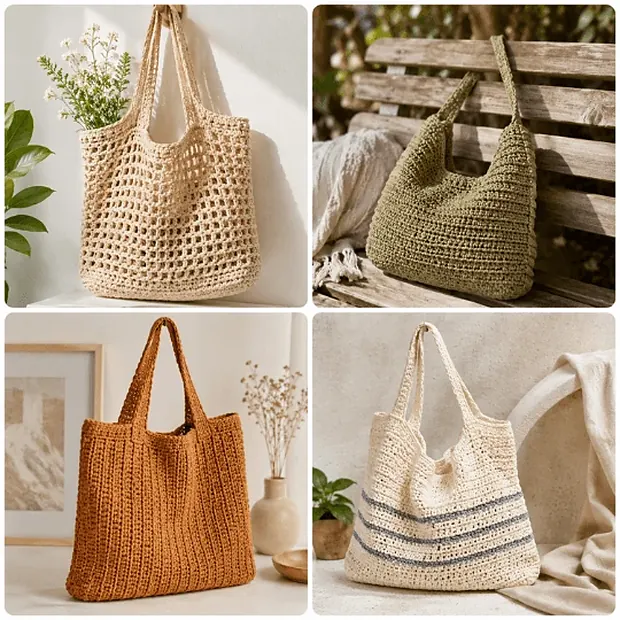 Ecobags tejidas a crochet en algodón natural.