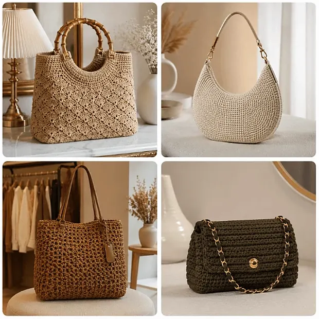 Bolsos de mano tejidos a crochet en tonos beige y marrón.
