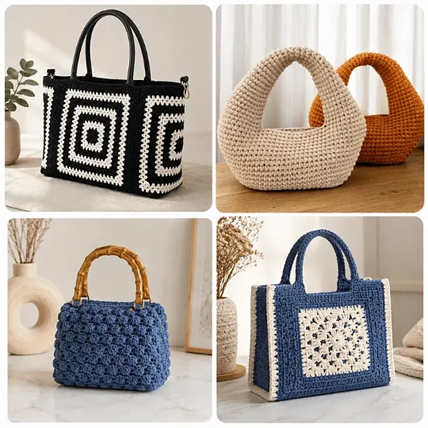 Bolsos modernos a crochet con diseños actuales y colores vivos.
