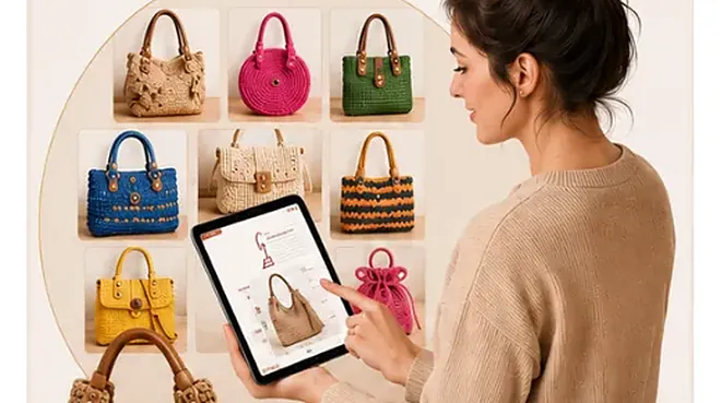 Mujer eligiendo un modelo de bolso en la colección
